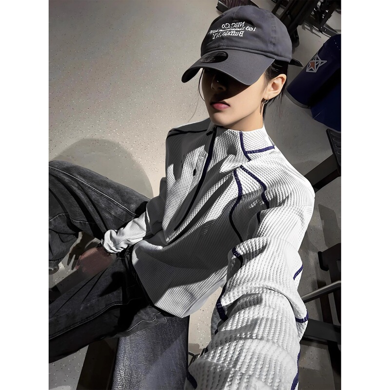 Summer moisture-wicking athletic cycling top, quick-drying fitness shirt, Hsu line waffle knit, half-zip long-sleeve T-shirt, unisex