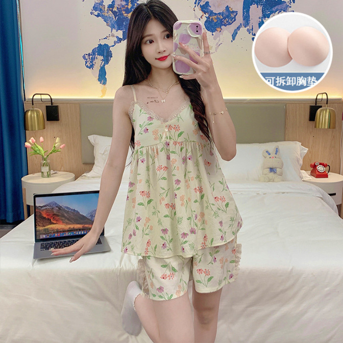 2024 verano nuevo pijama mujer tejido nubes de algodón cinturón cojín de pecho cabina niña dulce y fresco conjunto de ropa para el hogar