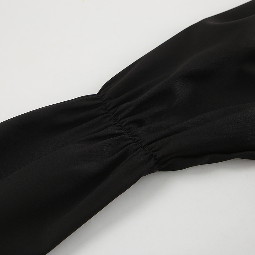 Autumn Winter Sexy Mysterious V neck Long Sleeve Office Pleated Slim Fit Slit Classic Dress Black Dress