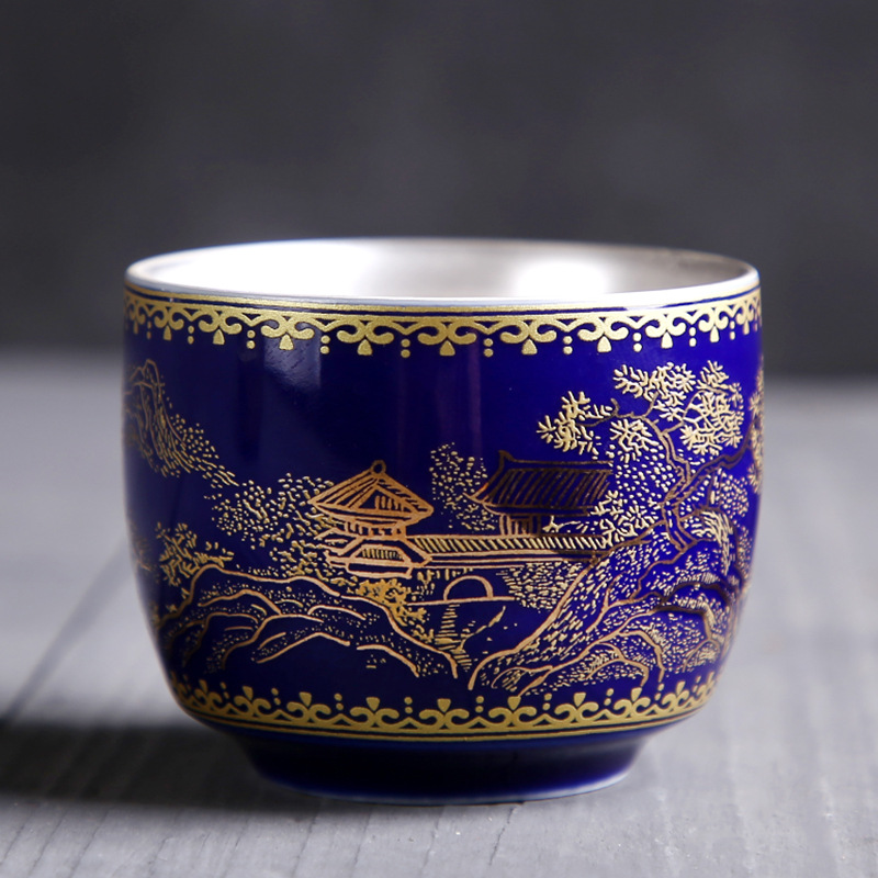 鎏銀品茗杯陶瓷主人杯雅致黑尊貴藍個人杯批發定制