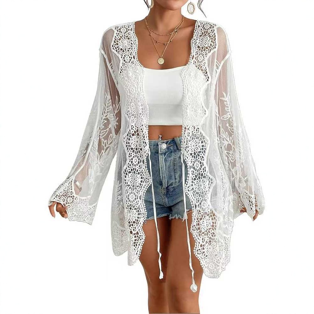 Foreign Trade Chiffon Shirt Cross-Border Amazon Aliexpress Mesh Hollow Loose Bell Sleeves Mid-Length Sun Protection Clothing Wholesale