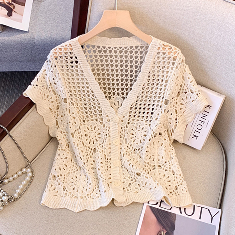 [Short-Sleeved Collection] French-Style Crochet Hollow-Out Knit Cardigan for Women, Summer Fashion, Stylish and Versatile Slimming Top for Women
