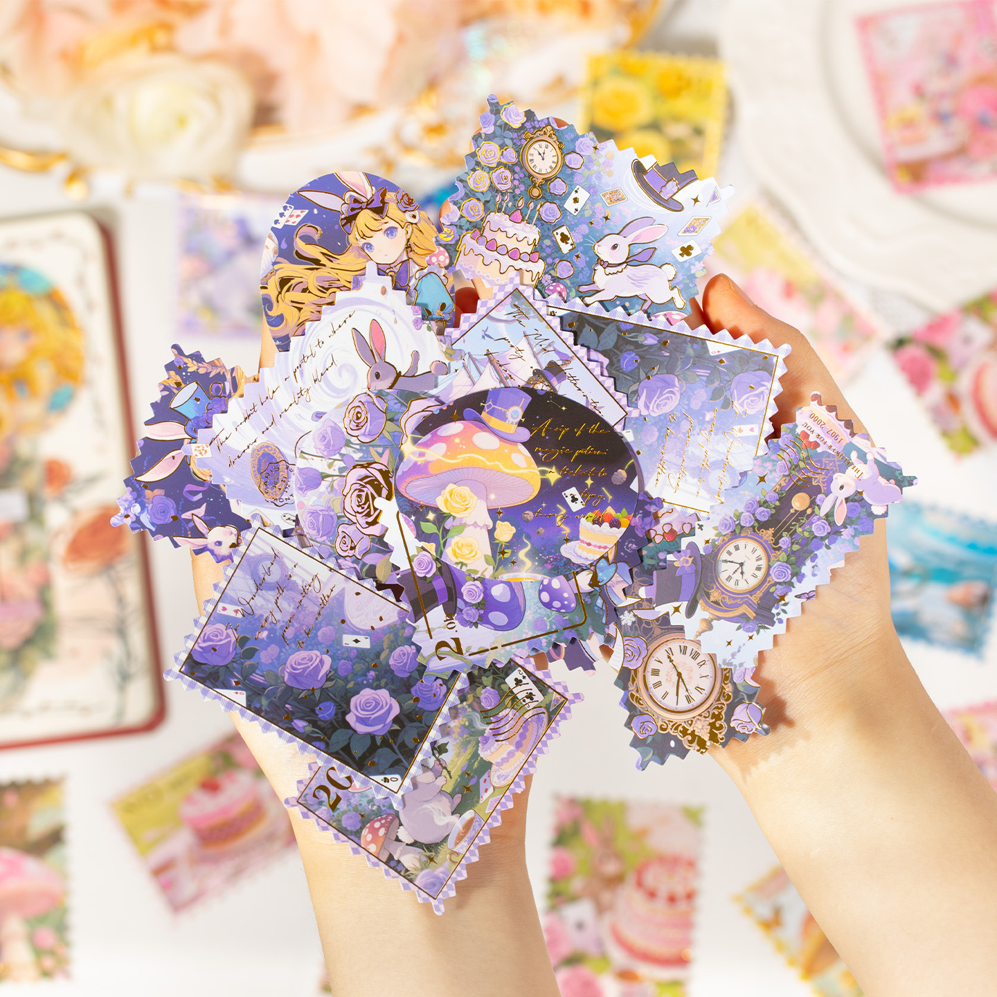 Paquete de pegatinas de sellos de bronceado Yuxian Espejo en el mundo Tema de animación Libro de mano Material Fondo Decoración Papel base