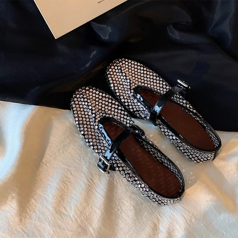 Grape Mom New Sparkling Rhinestone Hebilla de una sola palabra punta redonda boca baja plana Mary Jane sandalias planas mujer