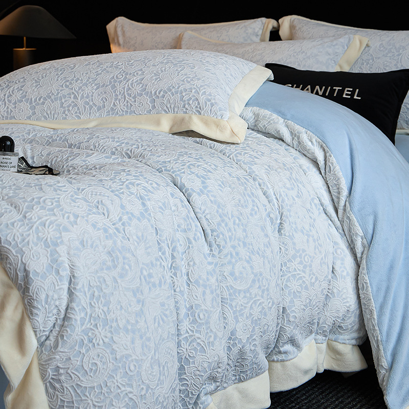 Espesado tallado de leche de lana de cuatro piezas conjunto 2025 nuevo coral lana de invierno sábanas de franela cubierta de cama