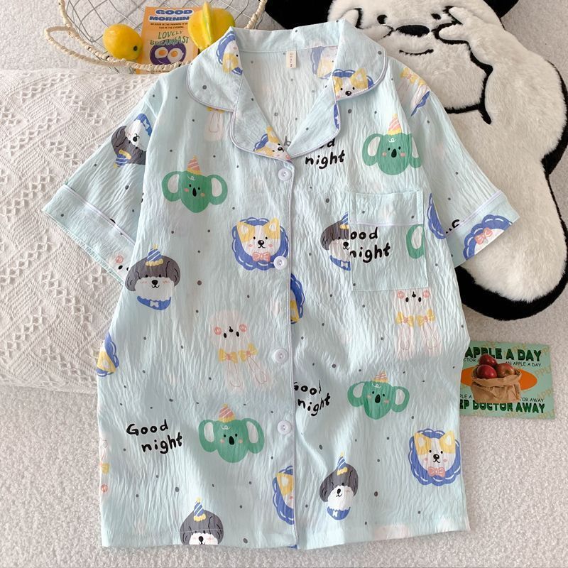 Impresión de dibujos animados suelta ropa de hogar de gran tamaño dormitorio de estudiantes puede usar dos piezas de verano nuevo pijama de algodón nublado