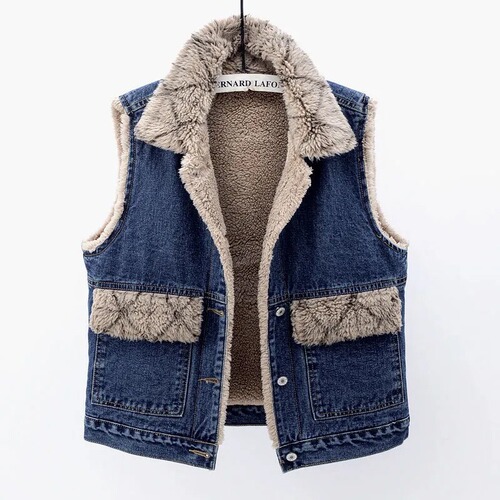 Lamb Wool Denim Cotton Jacket Vest for Women Autumn and Winter Thicken Fleece Short Sleeveless Warm Cotton Backless Top Upper Clothing