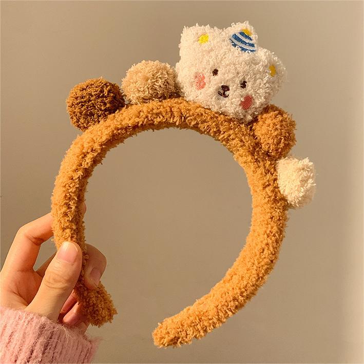 Linda banda para el cabello de felpa marrón para el lavado de cara, máscara para mujer, banda para el cabello especial para el maquillaje, banda para el cabello peluda, diadema beige