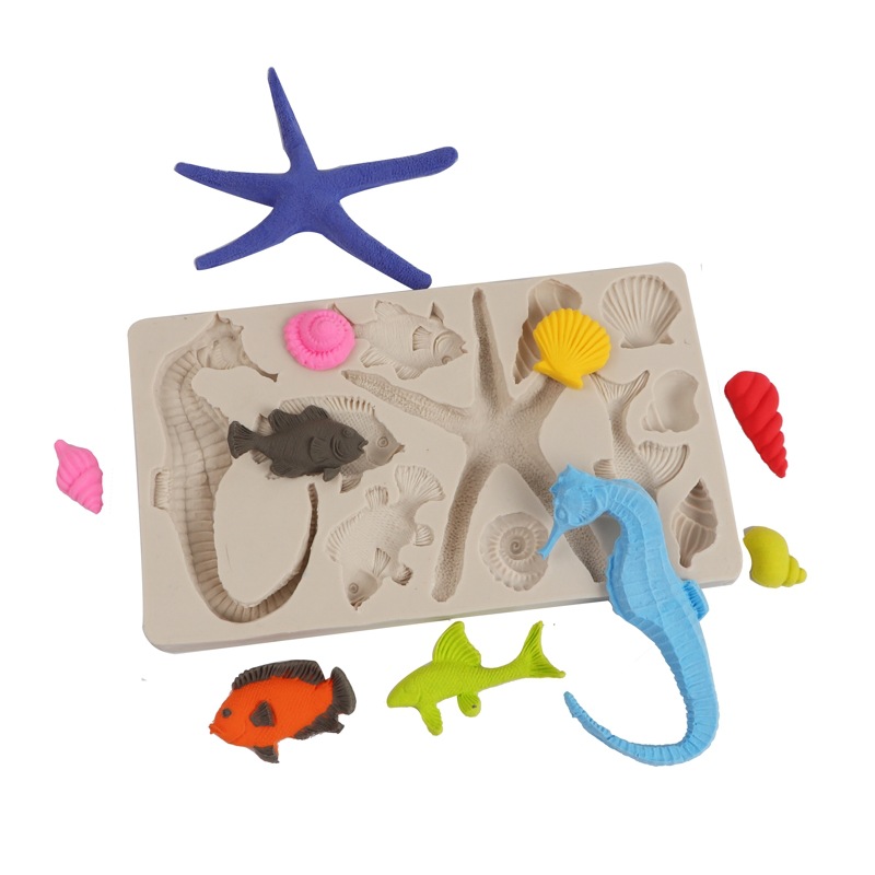 Molde de silicona fondant serie Marina estrellas de mar pequeño pescado pastel de chocolate molde caballito de mar Concha molde epoxi
