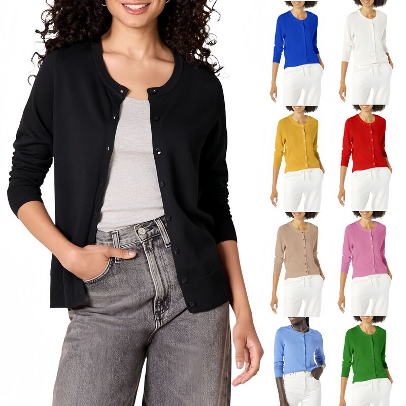 2025 Cross-Border Amazon Popular European and American Style Elegant Pure Color Long-Sleeved Knitted Cardigan (Lightweight