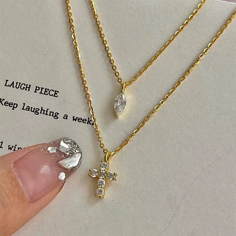 银饰925纯银迷你十字架项链女镶钻闪钻双层链小众INS冷淡风