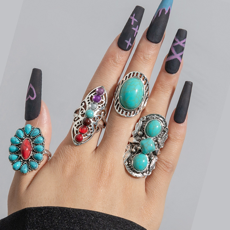 4 Pieces Quantity 4 Pieces Geometric Open Rings Rings Alloy December Birthstone Turquoise Turquoise Women's Retro Open Rings Rings