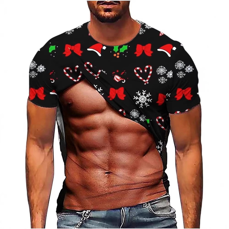 3D Fake Abdominal Muscles Christmas Print Short-Sleeved Men's Funny Muscle-Style Christmas-Themed T-Shirt Holiday Party Fun Top