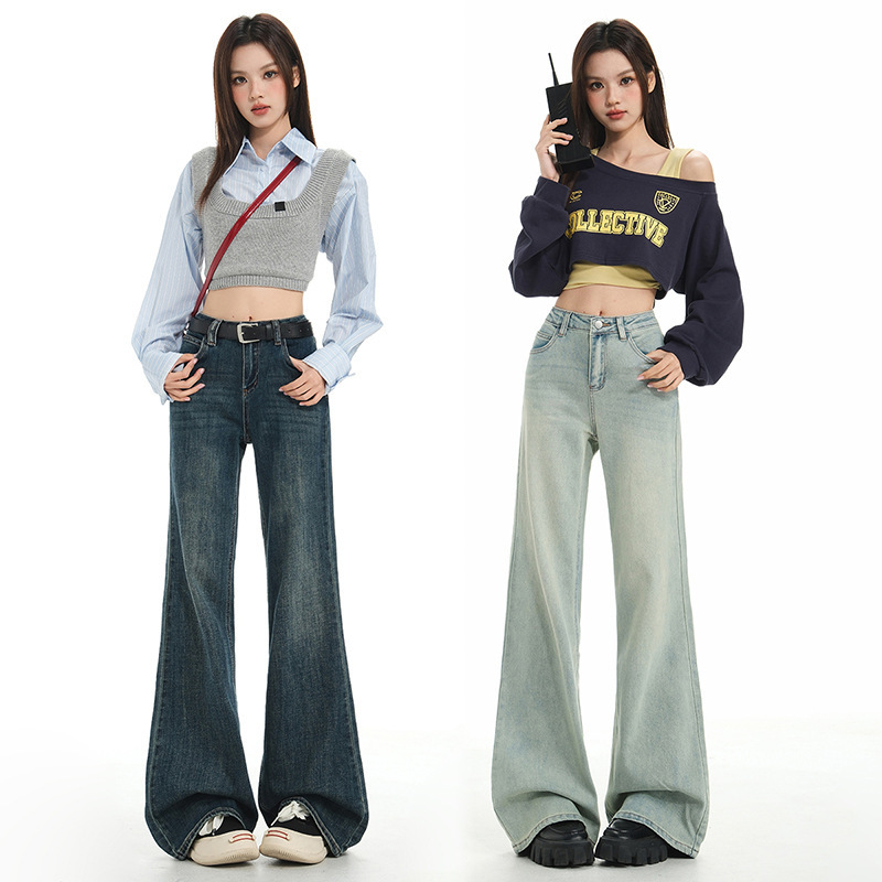 Trendy and Stylish Ykk Retro Versatile Slimming Flared Jeans for Women, Long Light Blue Pants