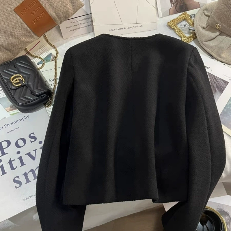 Шерстяной черный короткий демисезонный классический пиджак, стиль Chanel, премиум-класс