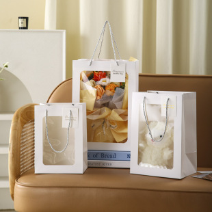 Window Bag in stock Thickened Transparent Gift Bag Creative Handbag Window Paper Bag Flower bouquet Packaging Bag Portable