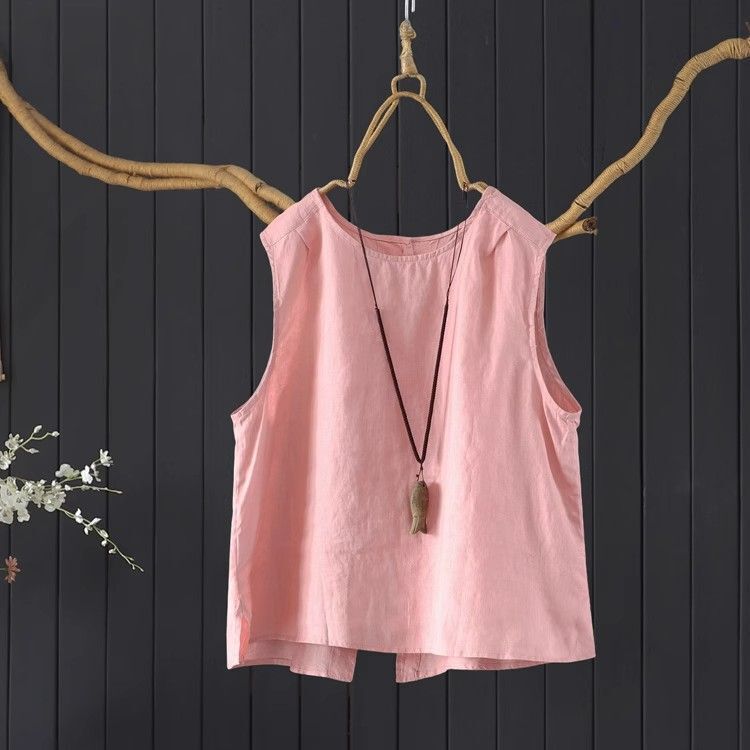 [Customized] Simple and Elegant Cotton Sleeveless Shirt for Women, Summer Pullover Slim-Fit Round Neck Top Shirt