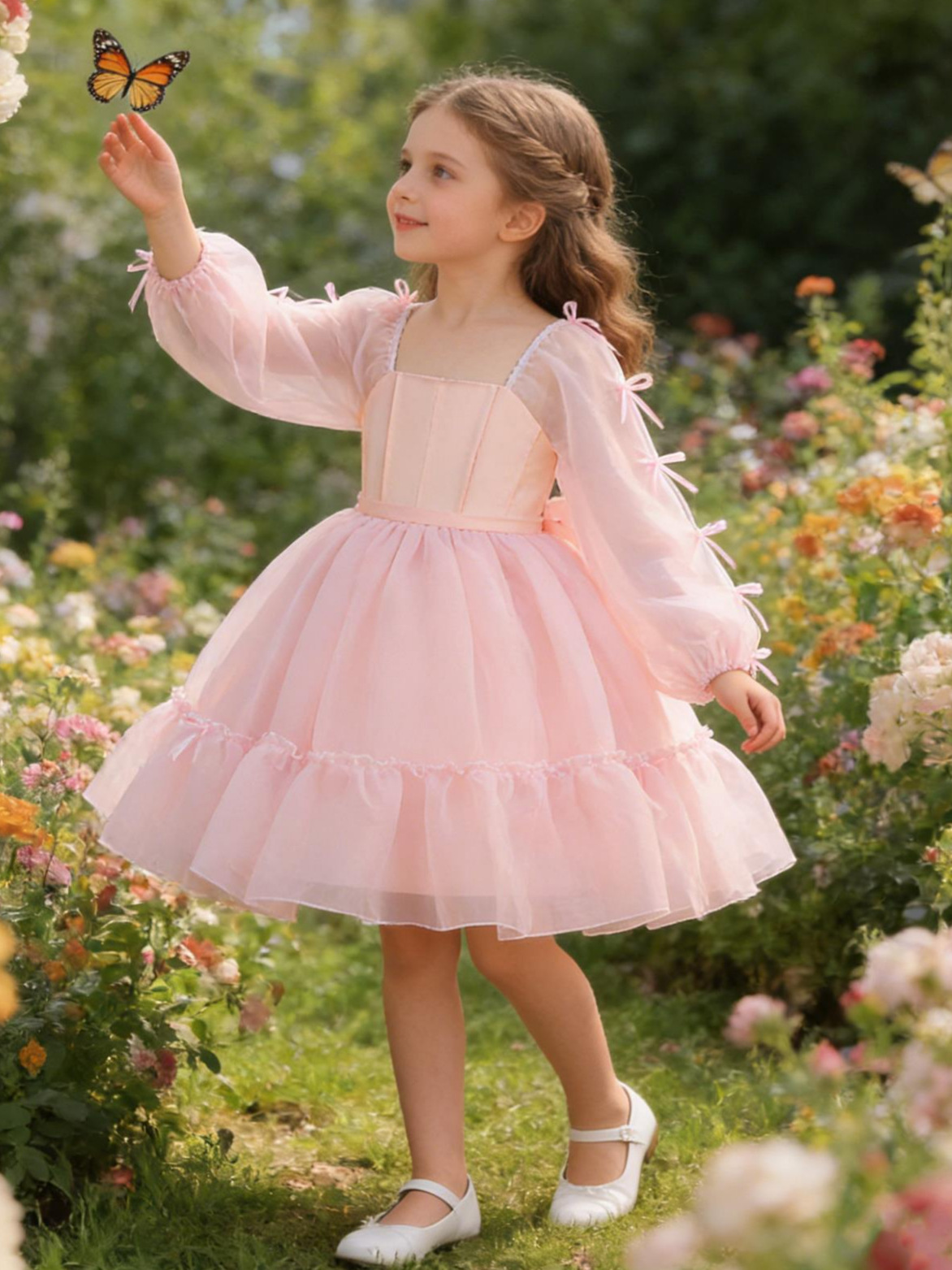 2026 vestido de niñas de mangas largas vestido de princesa flor de boda vestido de arco de cinta vestido de cumpleaños