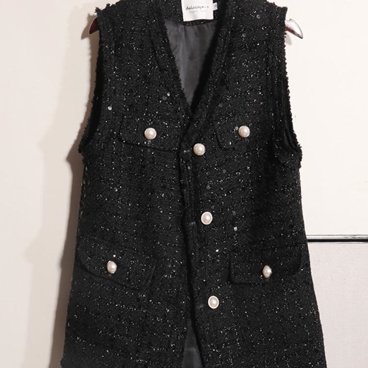 Chanel-Style Women's Vest for Spring and Autumn 2026, New Mid-Length Large Size Loose Sequined Tweed Vest in Black Chanel-Style Women's Vest for Spring and Autumn 2026, New Mid-Length Large Size Loose Sequined Tweed Vest in Black