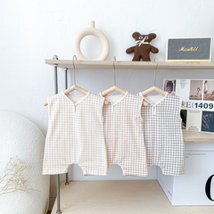 Baby Summer Thin One-Piece Suit, Grid-Printed Bodysuit for Boys and Girls, Sleeveless Backless Diaper Cover, Crawling Suit for Outdoors