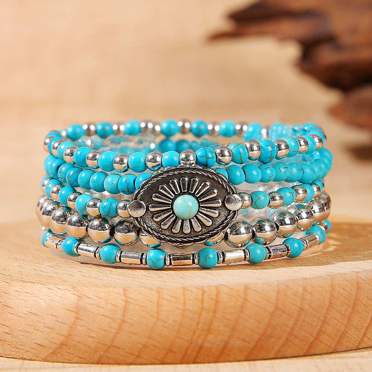 retro ethnic turquoise elastic beaded bracelet solar-powered…