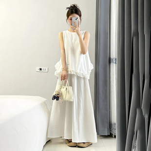 May Day Travel New Fat mm French White Edge Sleeveless Vest Top High Waist Slim Skirt Suit