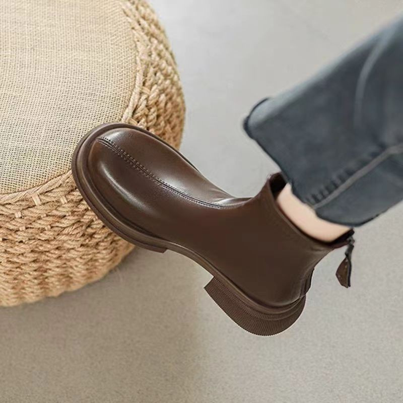 British Style Thick Heel Boots for Women 2025 Autumn and Winter New Style Non-Slip Foot-Showing Small Elegant Versatile Motorcycle Fleece-Lined Short Boots