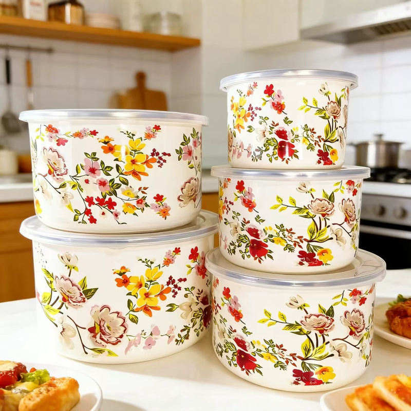 Thickened Sealed Enamel Bowl with Lid, Five-Piece Set, Fresh-Keeping Bowl, Lunch Box, Fruit Bowl, Storage Bowl, Instant Noodle Soup Bowl Thickened Sealed Enamel Bowl with Lid, Five-Piece Set, Fresh-Keeping Bowl, Lunch Box, Fruit Bowl, Storage Bowl, Instant Noodle Soup Bowl
