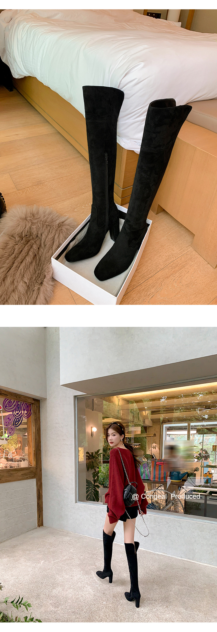 Boot nữ cổ cao quá gối mũi vuông gót thô 5 cm phong cách Hàn Quốc, có thể gập ống — Lớp lót nhung ống nhỏ màu đen 5cm chi tiết 8