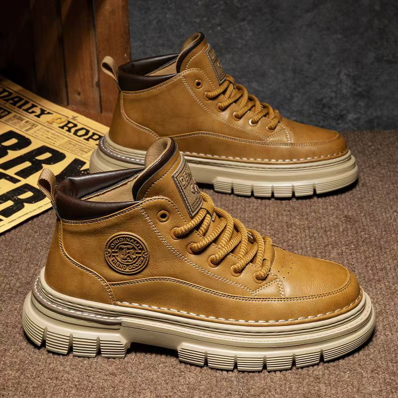 Martin Boots for Men, High-Top, Winter, British Style, Retro, Genuine Leather, Men's Casual Leather Shoes, Mid-Top, Height-Increasing, Waterproof Work Boots