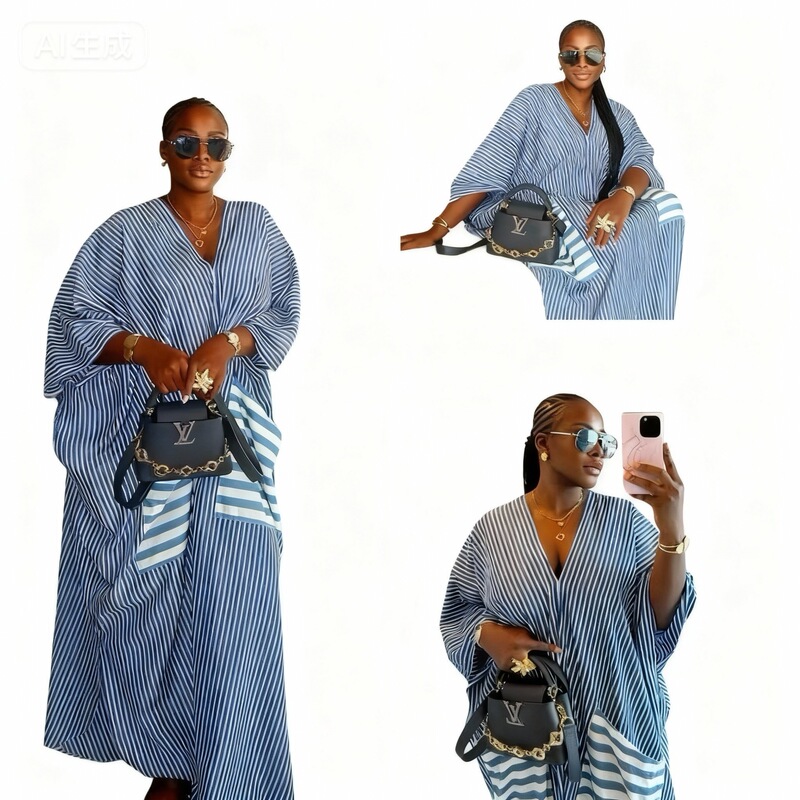 26 Spring New Printed Dress with Large Pockets, Striped African Style, Popular Vintage Long Sleeve Dress for Moms