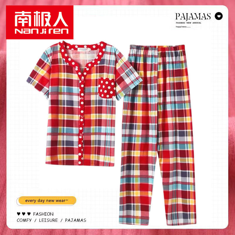 Pijamas de mujer de verano de algodón de manga corta pantalones de solapa de verano de las mujeres delgadas homewear traje