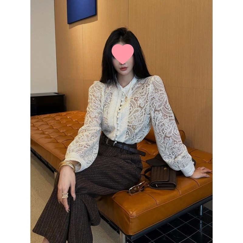 法式小香风单排扣甜美镂空钩花长袖蕾丝衫女2025秋季新款时尚上衣|undefined