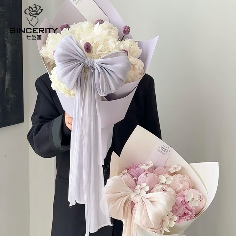 Día de la madre de siete colores 520 nuevos productos Perlas francesas Nieve satén tela arco floristería decoración de bricolaje material floral