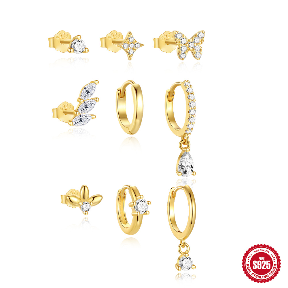 Pendientes de estrella de cuatro puntas de mariposa transfronteriza de plata de ley S925, diseño de alta gama europeo y americano, pendientes simples y versátiles