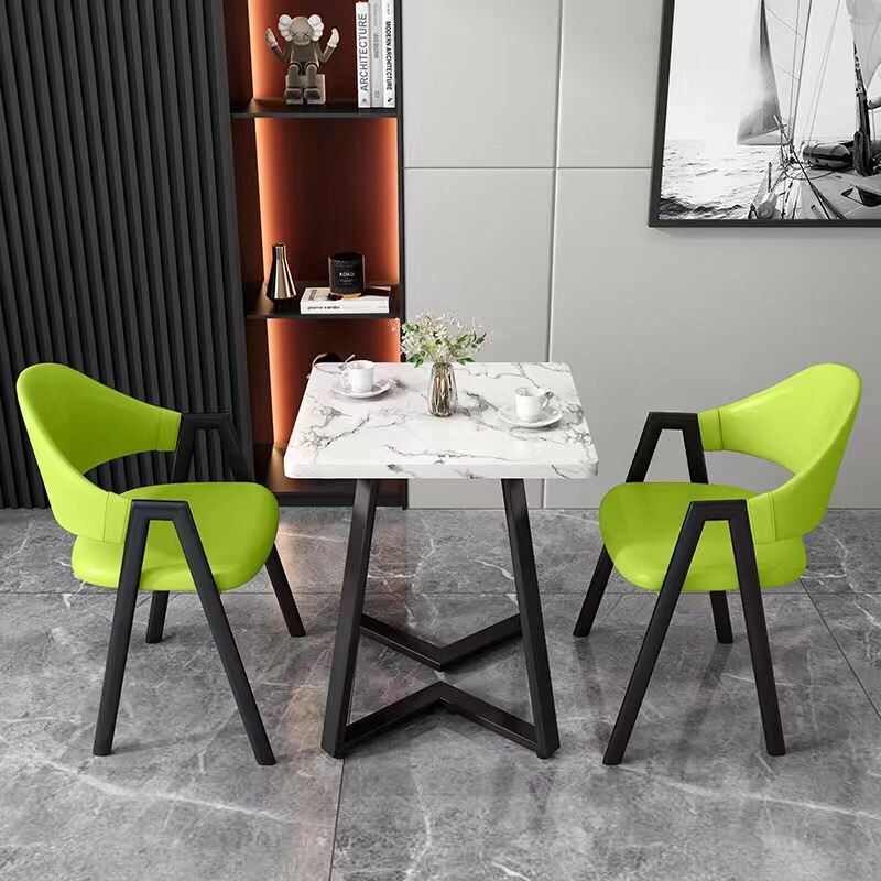 두꺼운 V다리가 있는 인조 대리석 사각 테이블 - 그린 가죽