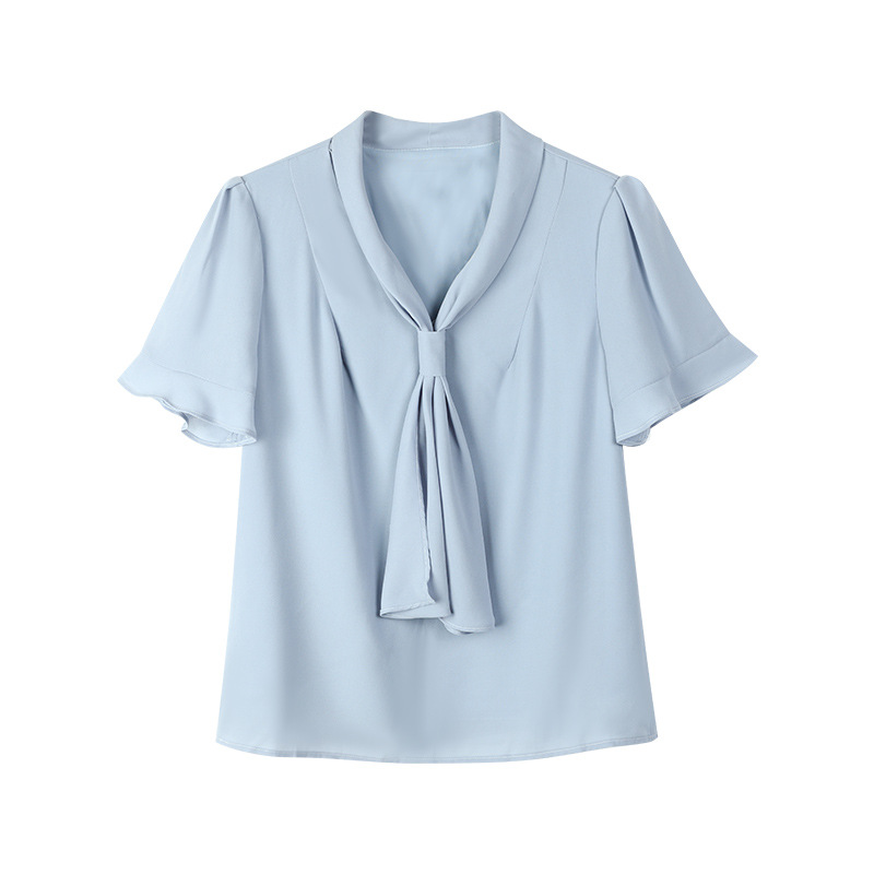 2026 Summer New Style Blue Shirt with Fluttering Collar and Short Sleeves, Feminine and High-End, Slimming Professional Workwear Top