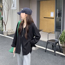 黑色长袖衬衫女春季女装宽松韩版设计感小众中长款衬衣外套女上衣