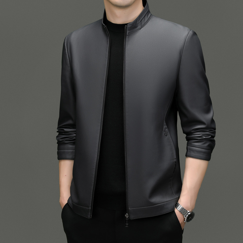 Monochrome Man- 2024 Early Spring New Haining American Fashion Stand Collar Middle-Aged Men's Trendy Leather Jacket Coat_voghion.com