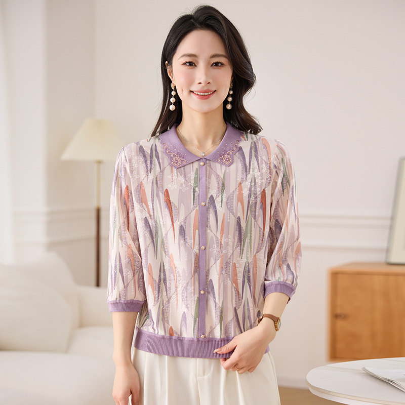 妈妈春装时尚翻领针织上衣2025新款长袖t恤中老年女薄款毛衣洋气，女装T恤，妃慕昵服饰