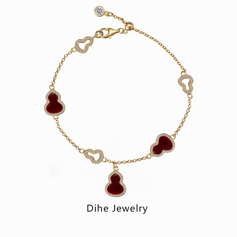 New S925 Sterling Silver Bracelet Women's Gourd Shaped Fritillaria Onyx Inlay Exquisite Personalized Good Luck Pendant Women's Bracelet