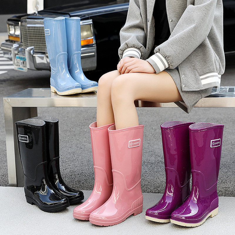 Adult High-Top Wear-Resistant Fashionable Women's Rubber Shoes with Fleece Lining, Warm Rain Boots, Outdoor Waterproof Non-Slip Long Rain Boots Wholesale