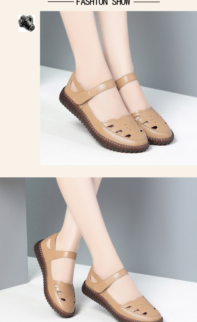 Sandal da thật nữ đế bằng mềm chống trượt, quai chữ V đơn giản, mùa hè thoáng nhẹ — Màu be chi tiết 13