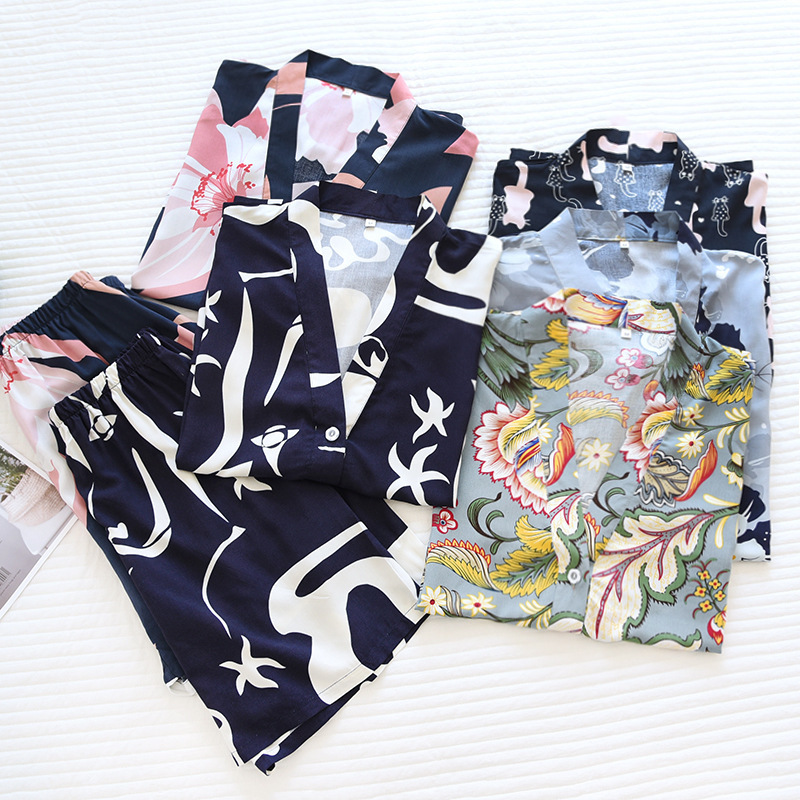 ins Pajamas Women's Summer Artificial Cotton Thin Silk Rayon Short Sleeve Shorts V-Neck Cardigan Home Clothes Set