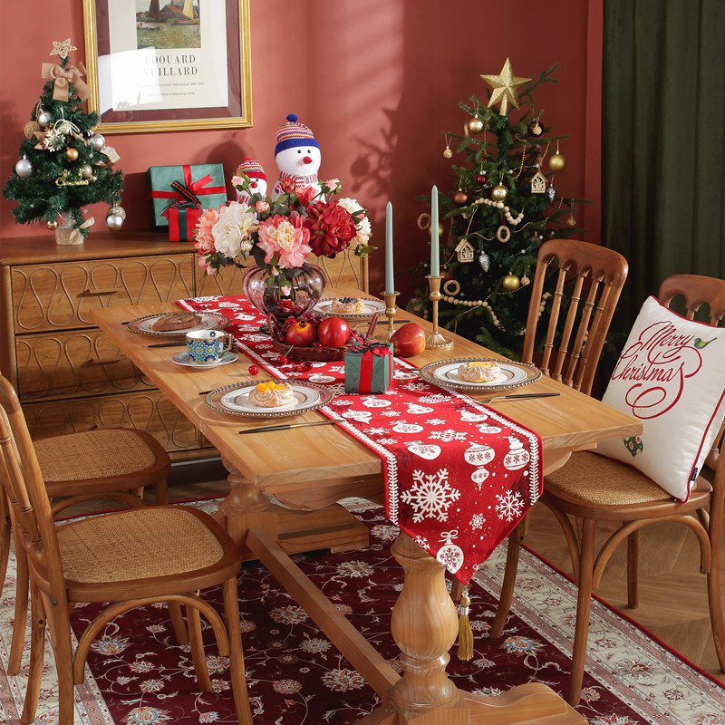 Drapeau de table de noël en jacquard teint en fil, flocon de neige, chapeau de noël, nappe à pampilles, décoration, couverture de drapeau de chevet_voghion.com