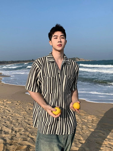 American Retro Striped Short-Sleeve Shirt Men's Summer Streetwear Brand High Street Casual Colorblock Knit Cardigan Sweatshirt