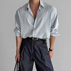 春夏の韓国系の軽熟風カジュアルなパーマなしのストライプの長袖のシャツの男性の薄いファッションのゆったりしたシャツのコート