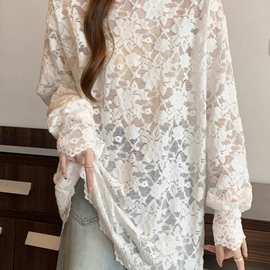 大码女装高领镂空长袖蕾丝衫上衣2025秋冬款感叠穿内搭打底衫