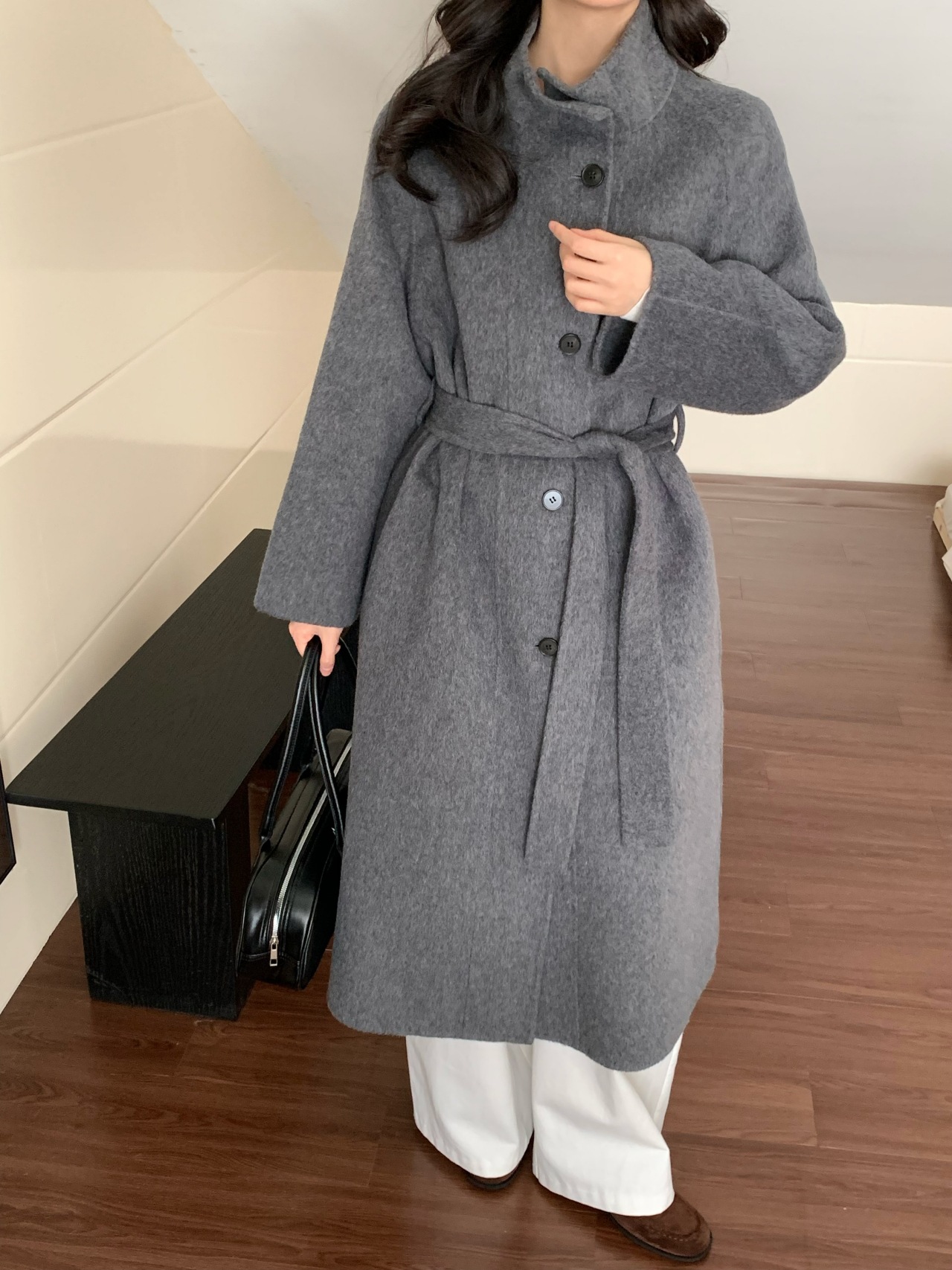 韓国風スタンドカラー新年コート レディース 両面カシミヤウール 25秋冬新作 シングルボタン ロング丈ウールコート レディース