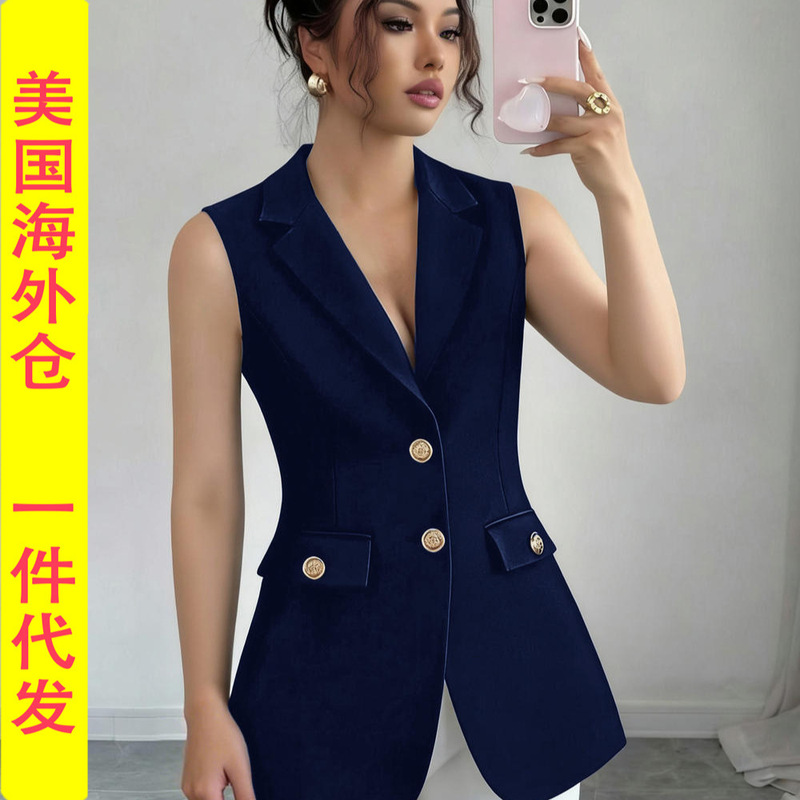European and American Women's Fashion Spring New Navy Blue Suit Vest Slim Fit Sleeveless V-Neck Suit Vest Simple Overseas Warehouse